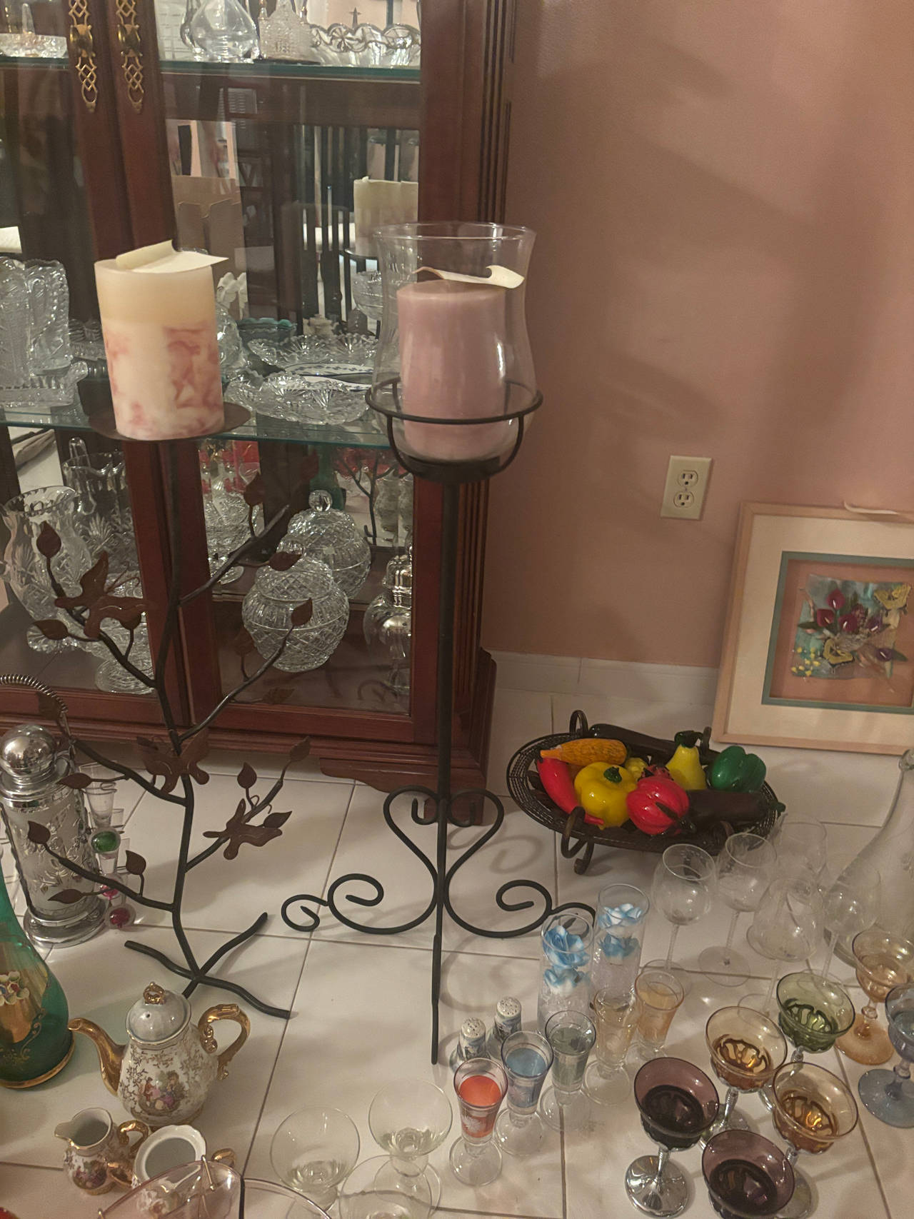 Wrought Iron Floor Candle Holder with Hurricane Glass