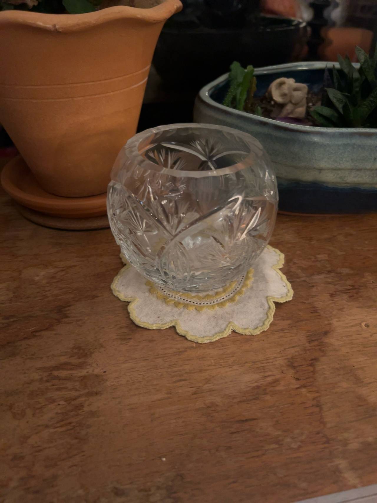 Vintage Crystal Rose Bowl with Pinwheel Design