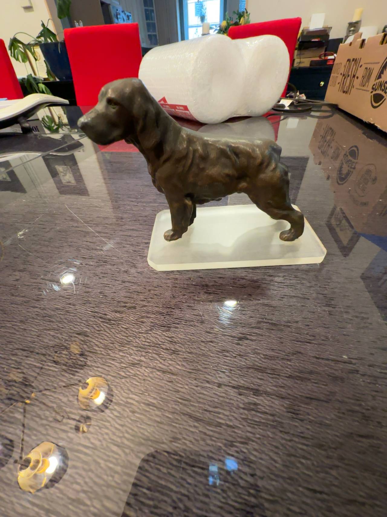 Antique Bronze Retriever Dog Statue on Black Marble Base