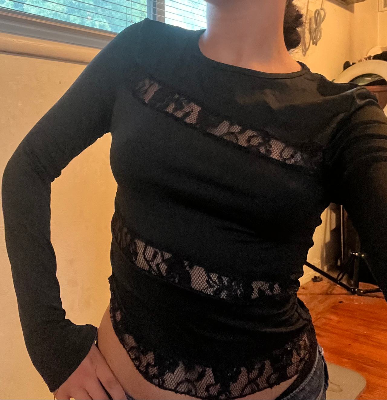 Black Sheer Lace Long Sleeve Top
