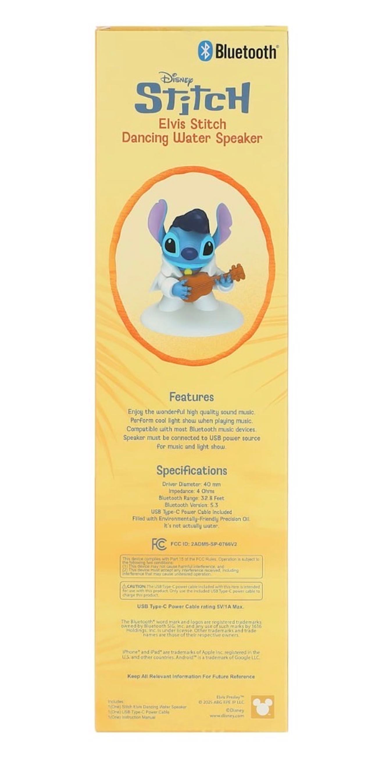Disney Elvis Stitch Bluetooth® Water Dancing Speaker 10.35in X 2.32in