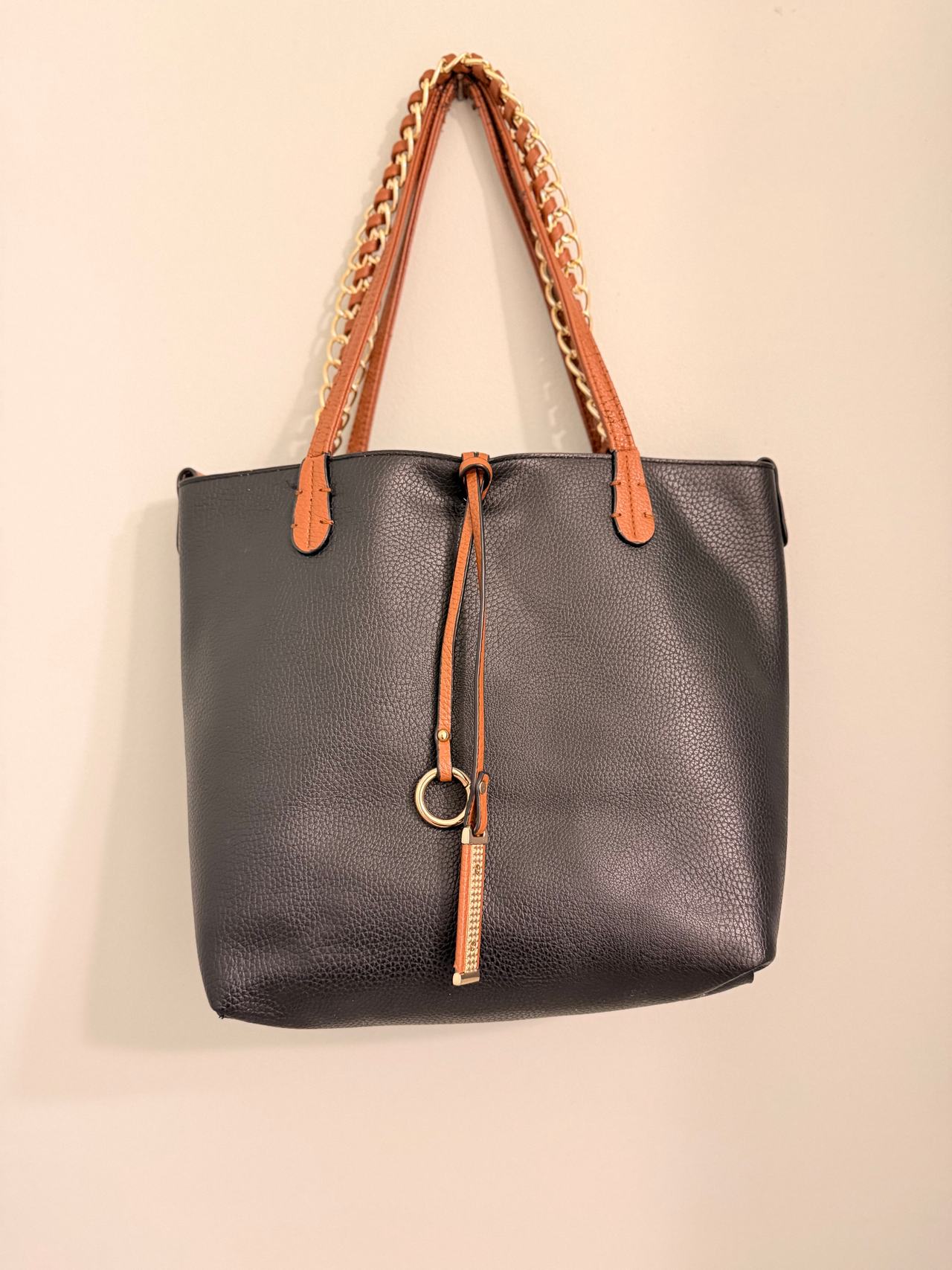 Black Faux Leather Bucket Bag with Chain Straps