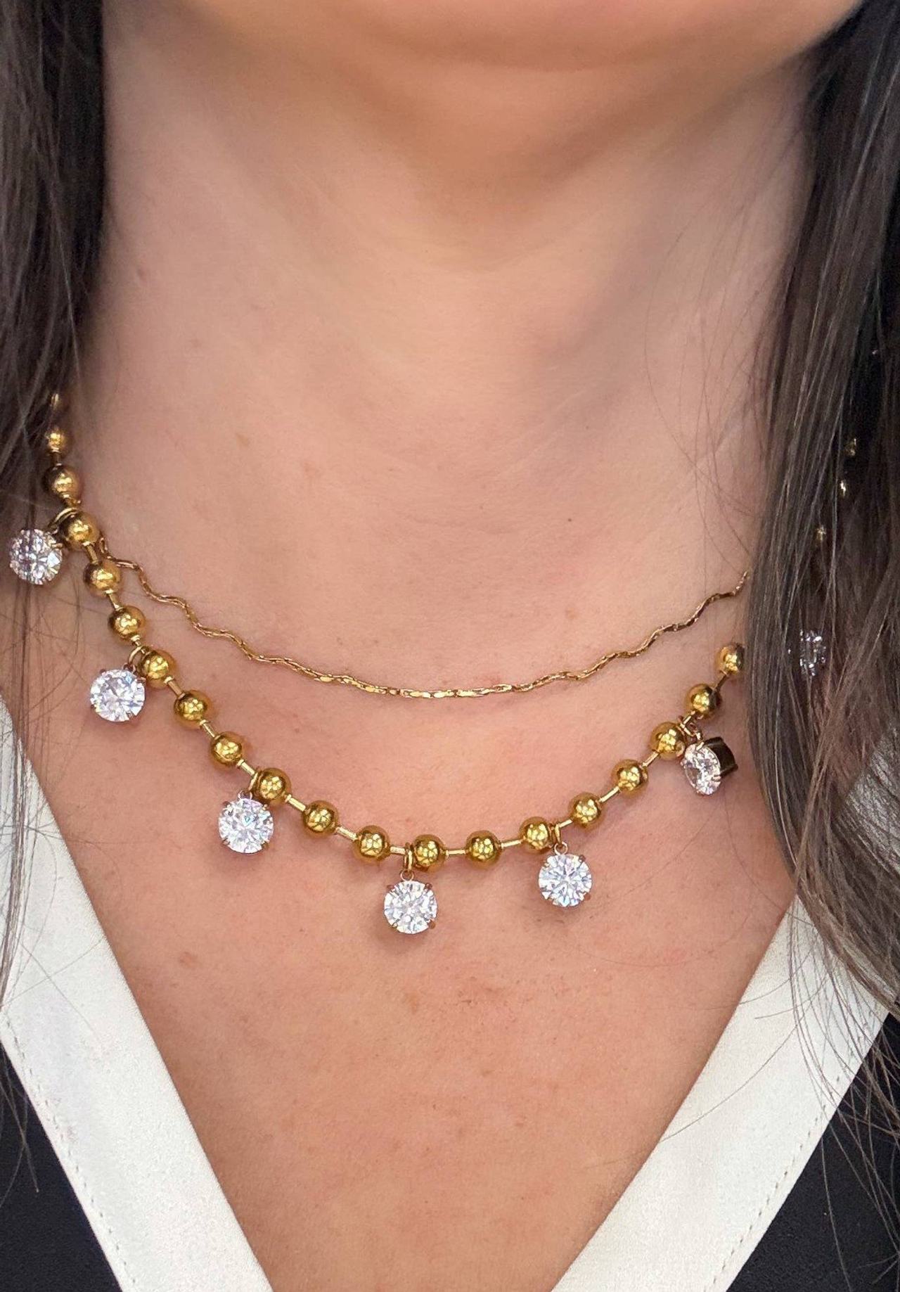 Gold Tone Layered Ball Chain Necklace with CZ Charms
