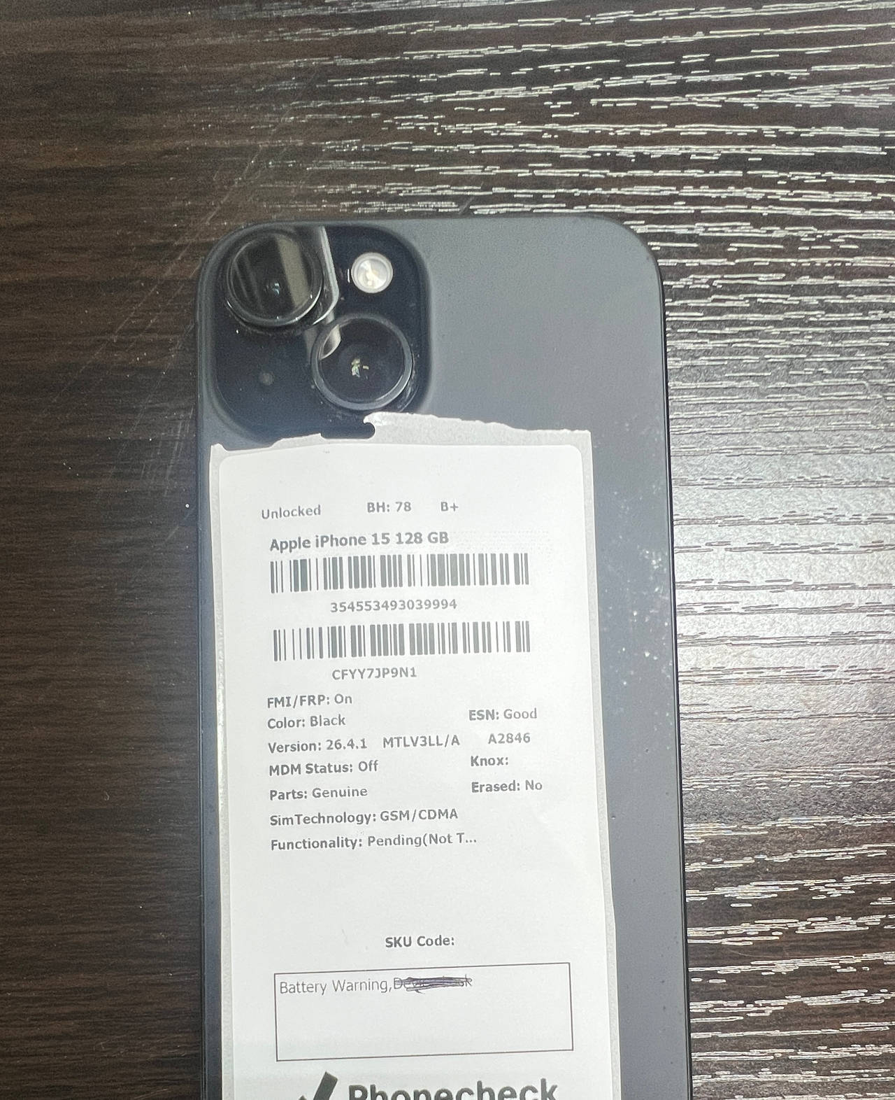 Apple iPhone 15 128GB Black Unlocked BH 78 B+