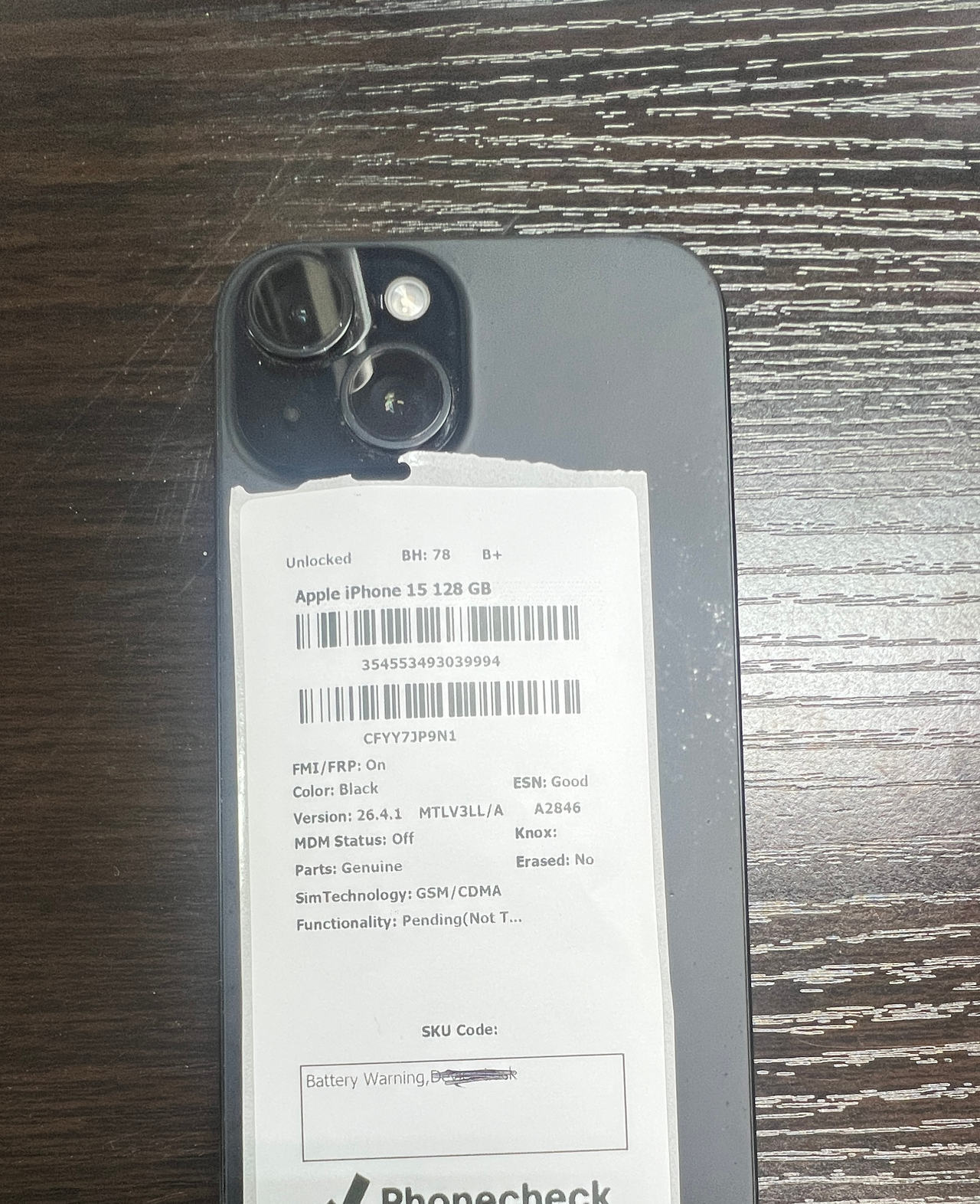 Apple iPhone 15 128GB Black Unlocked BH 78 B+