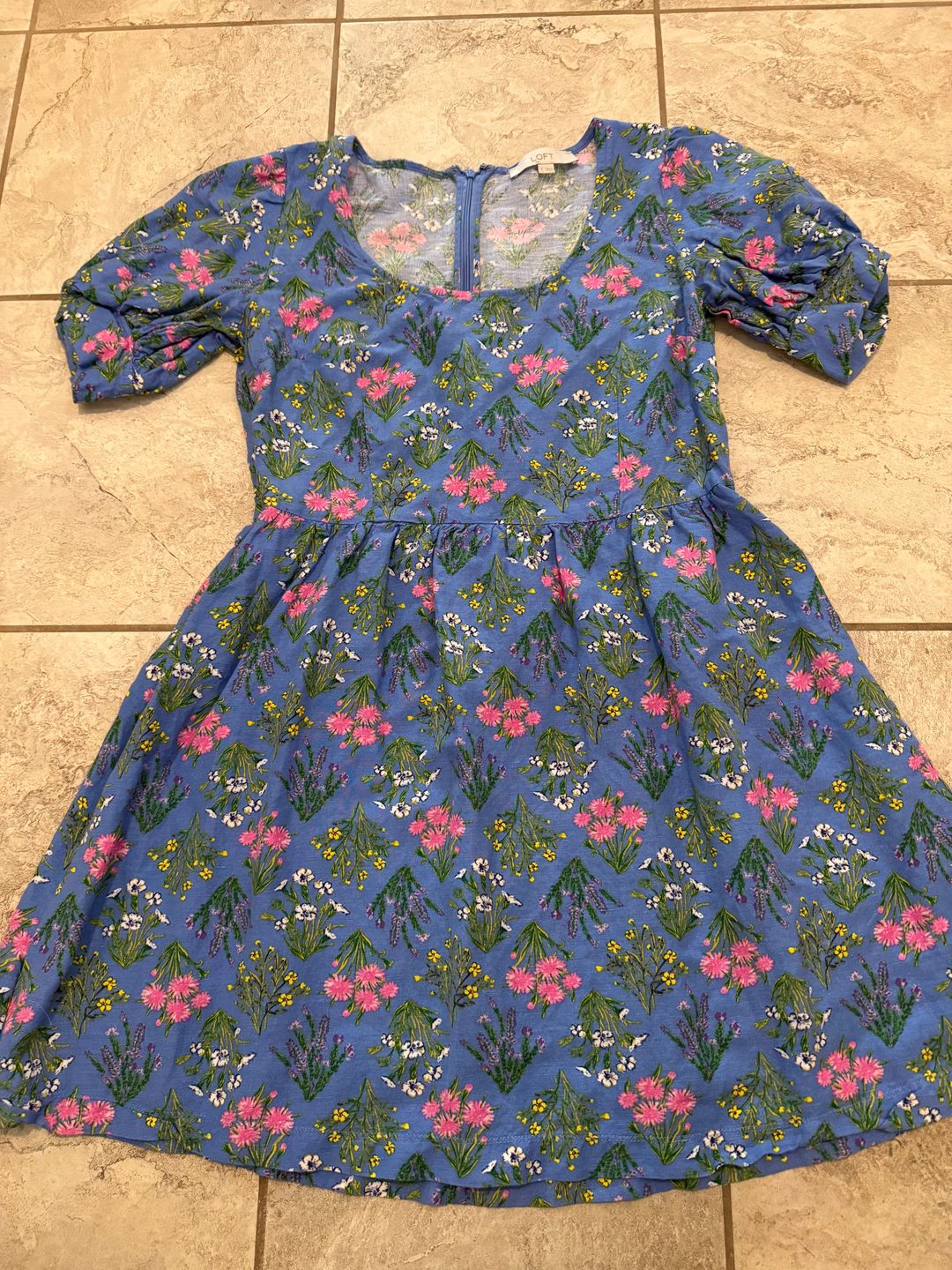 LOFT Blue Floral Puff Sleeve Dress
