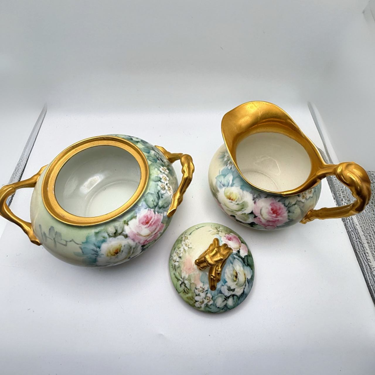 Jean Pouyat (JP) & France Limoges
Hand-Painted Sugar Bowl and Creamer Set