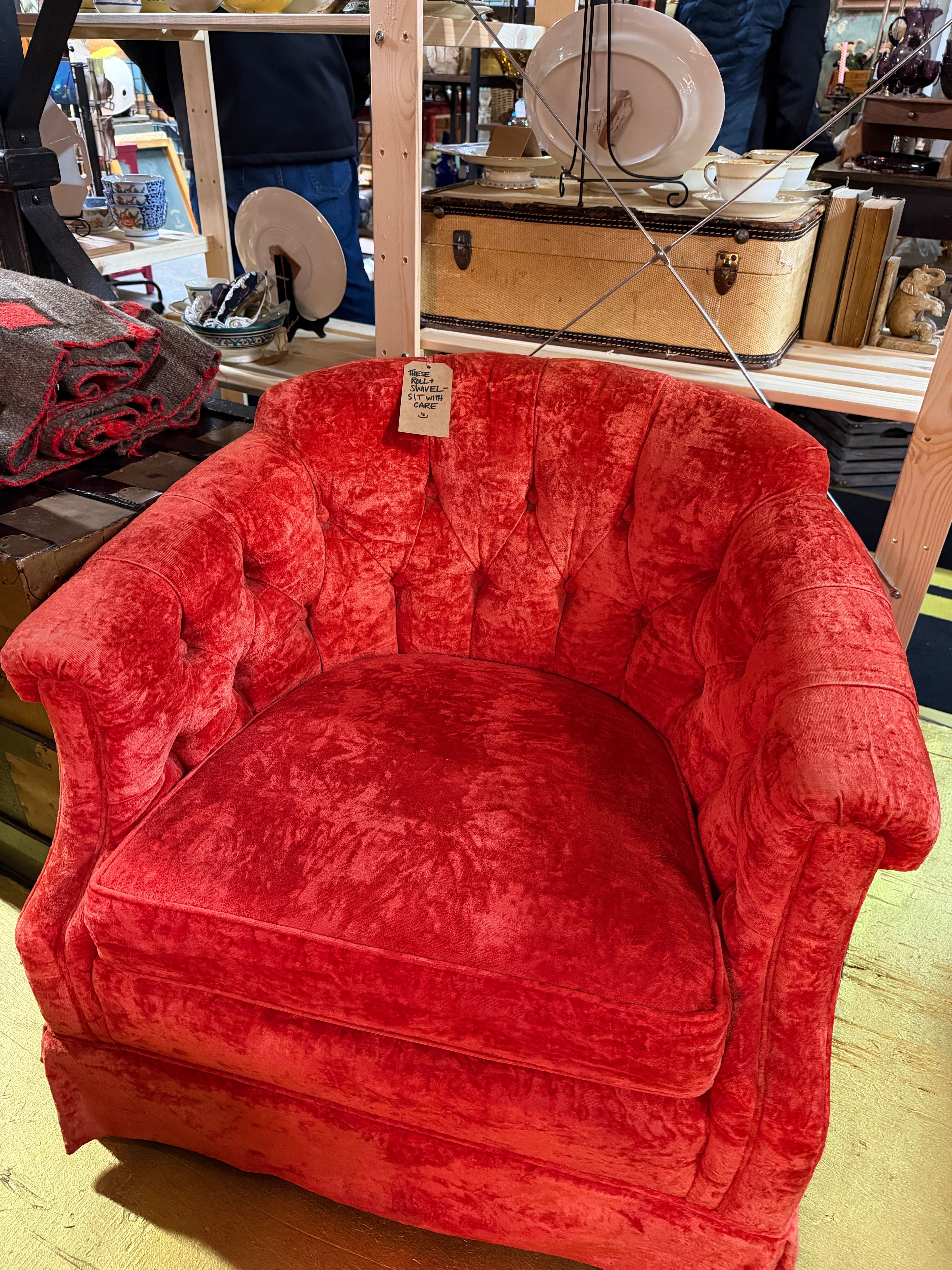 Pair of Mid-Century Modern Red Velvet Swivel Chairs - Image 8