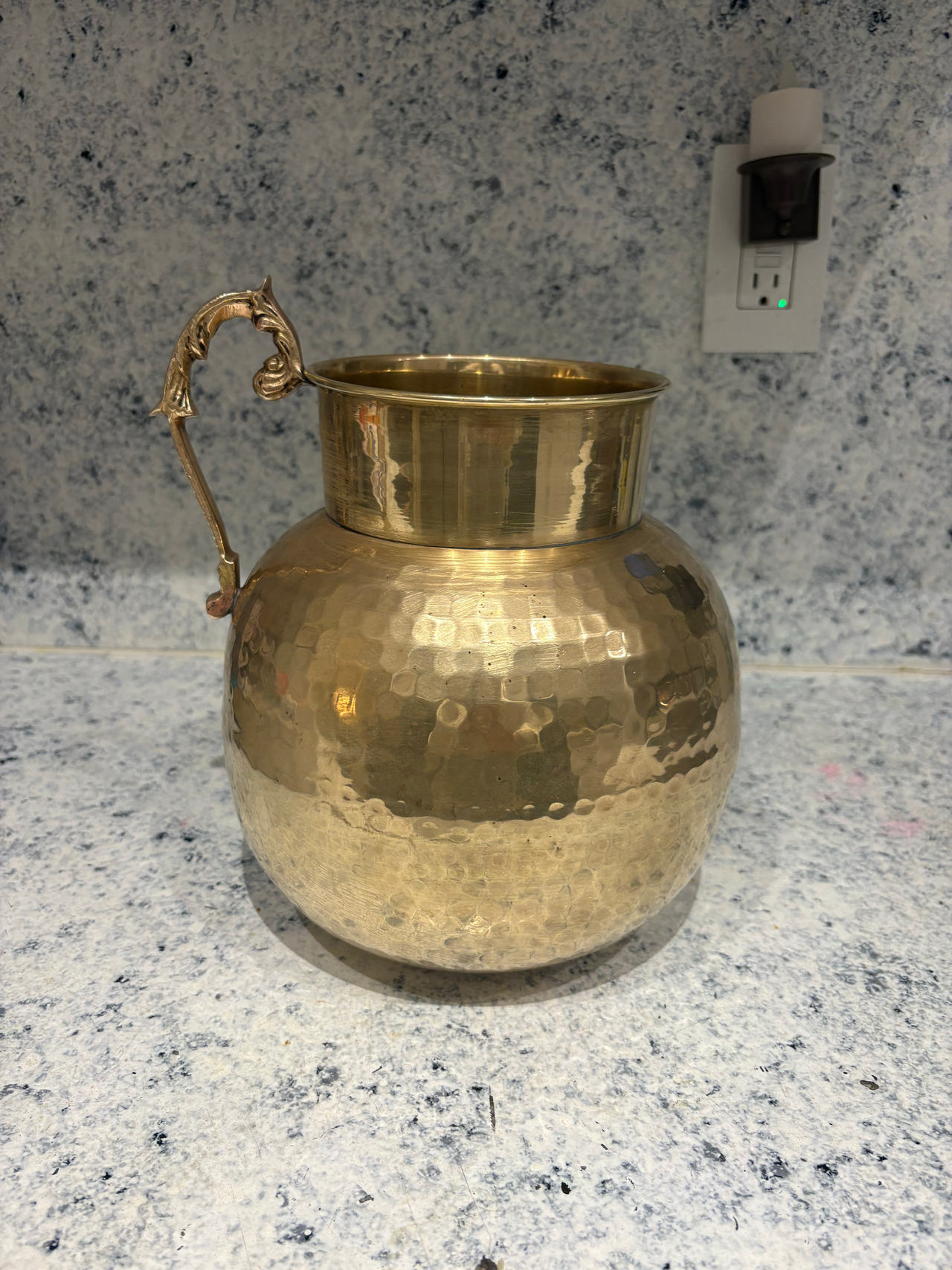 Vintage Hammered Brass Pitcher with Ornate Handle
