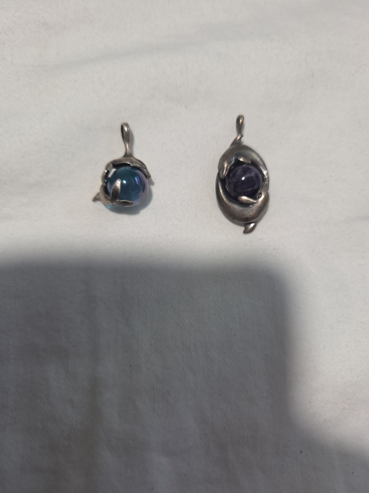 Vintage Sterling Silver Dolphin Pendants with Gemstone Orbs