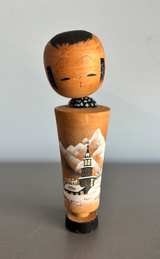 Vintage Japanese Sosaku Kokeshi Doll with Winter Landscape - Image 1