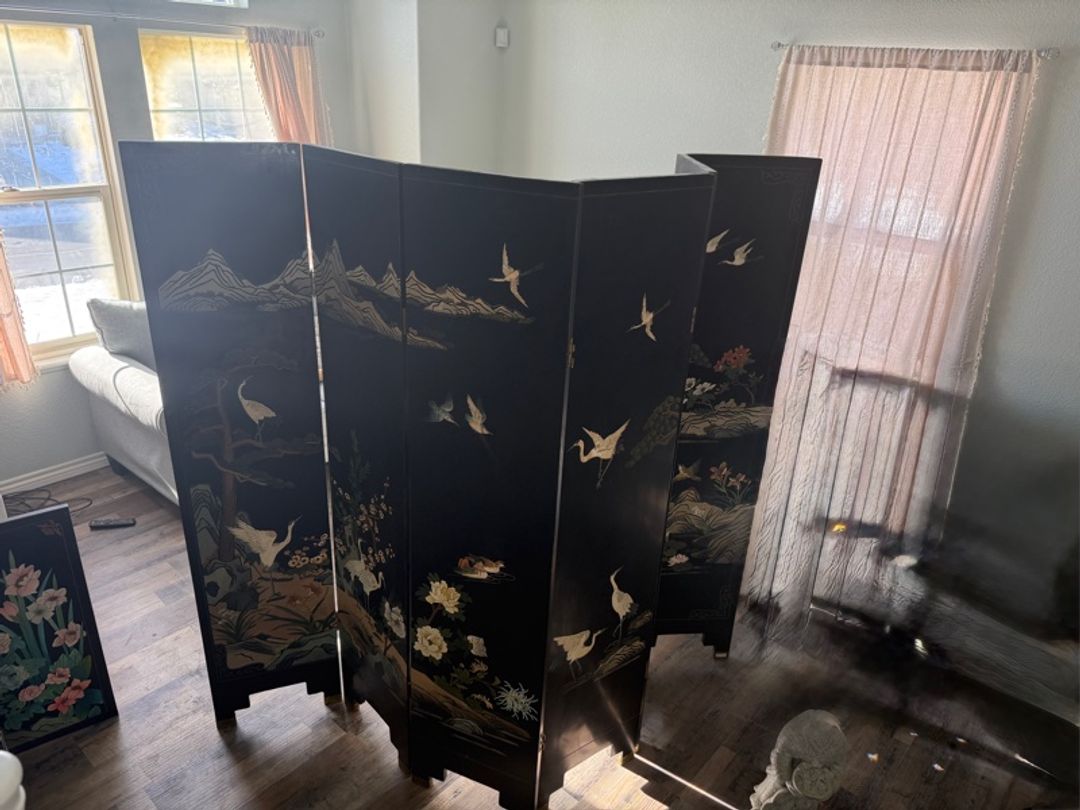 Chinese Black Lacquer Folding Screen with Crane Birds