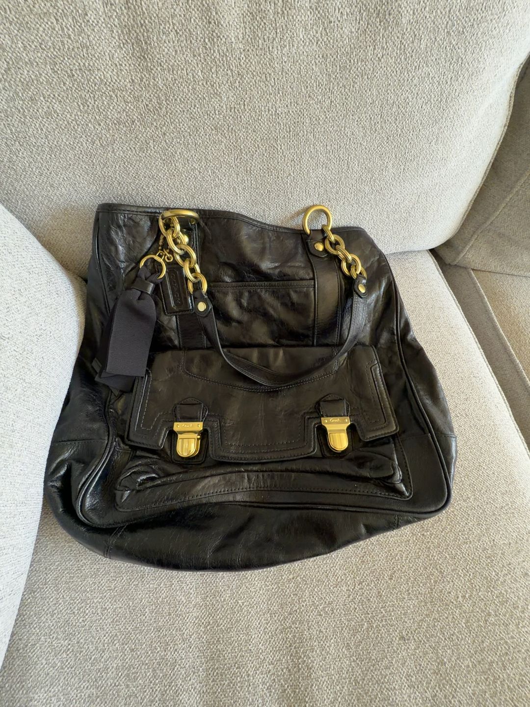 Coach Poppy Camelia Black Leather Tote