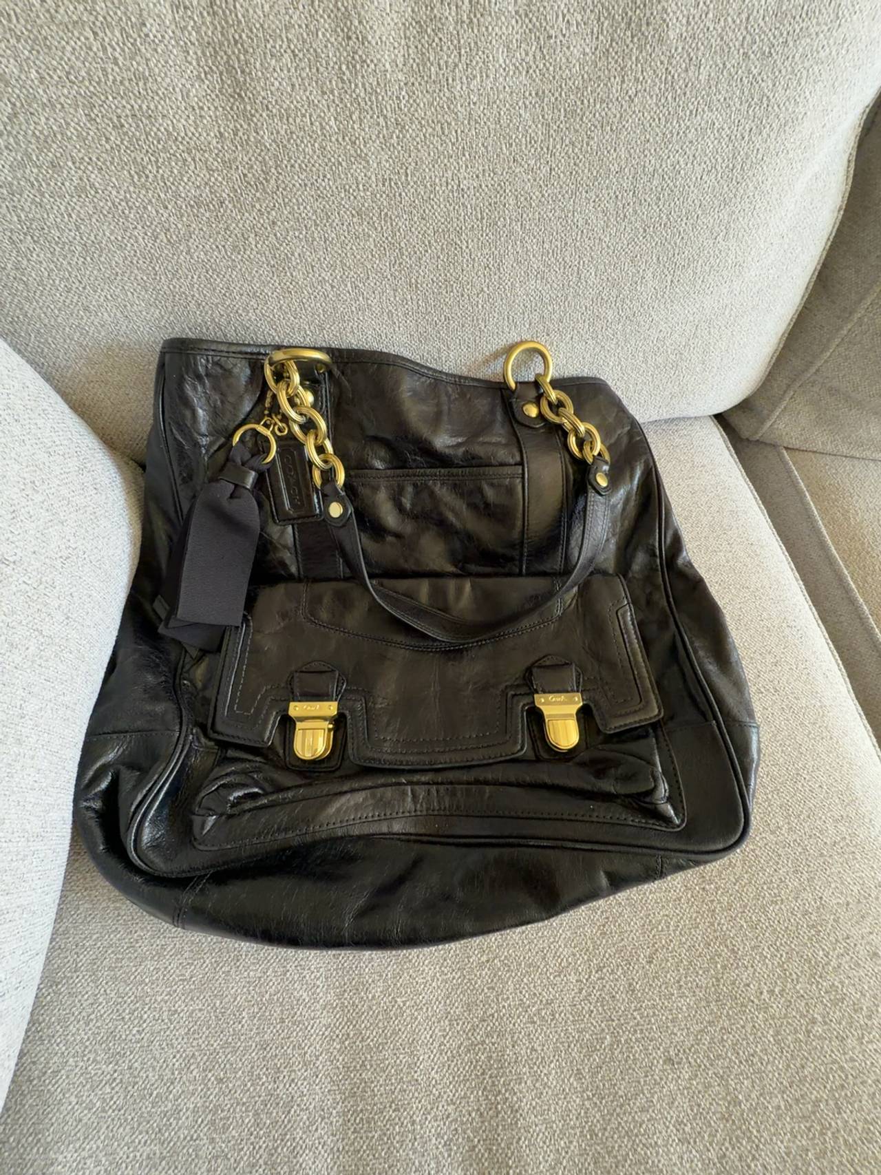 Coach Poppy Camelia Black Leather Tote