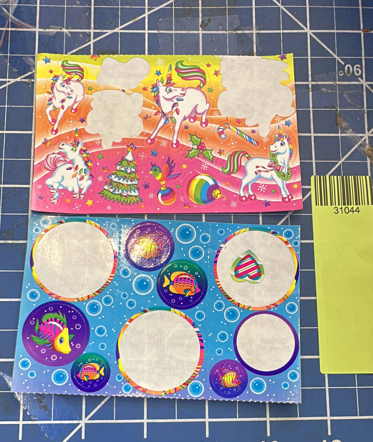 Lisa Frank vintage holiday stickers, 2 partial sheets, Unicorns Tropical Fish