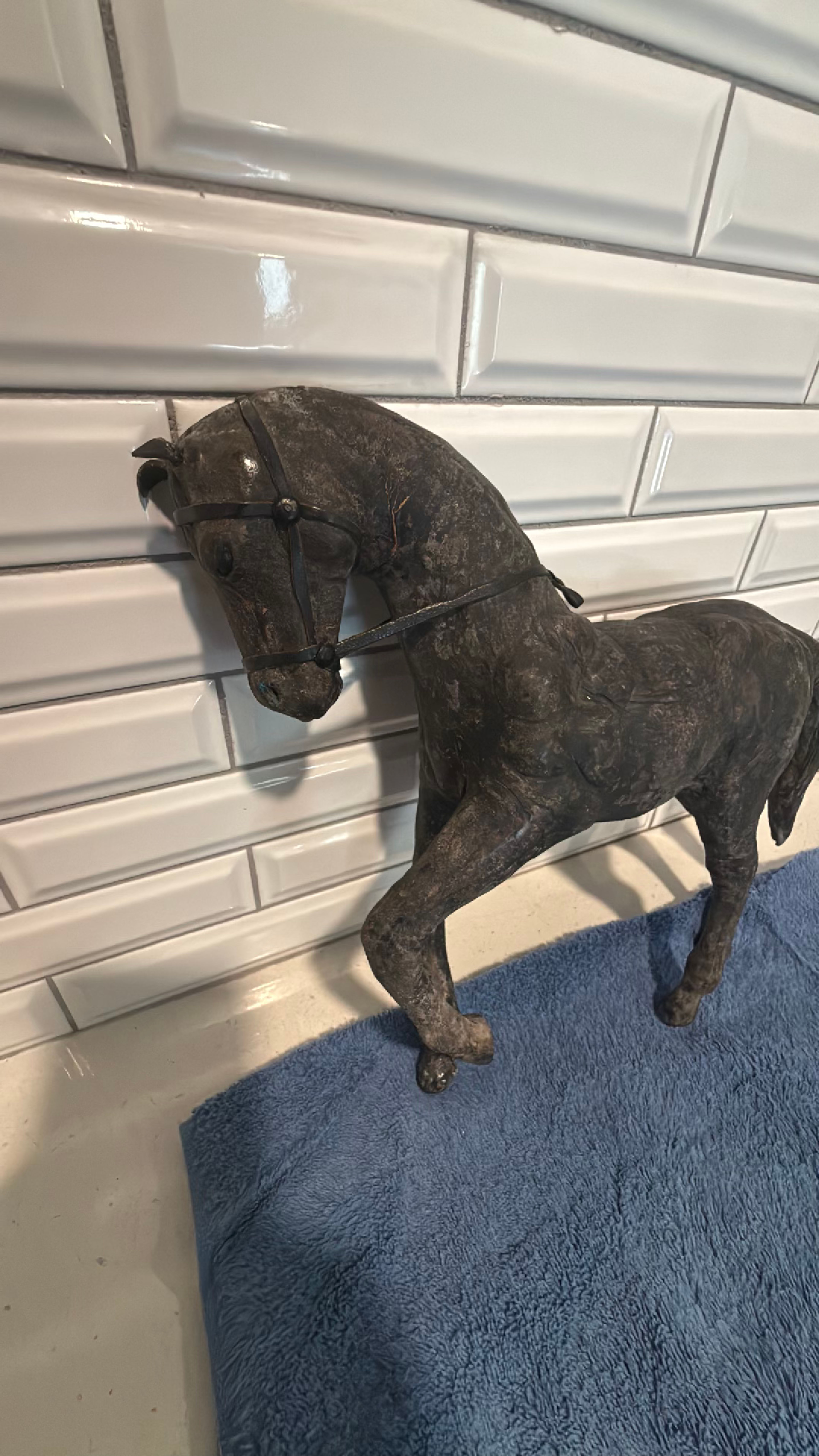 Vintage Hand Crafted Leather Wrapped Horse Sculpture with Saddle - Image 3