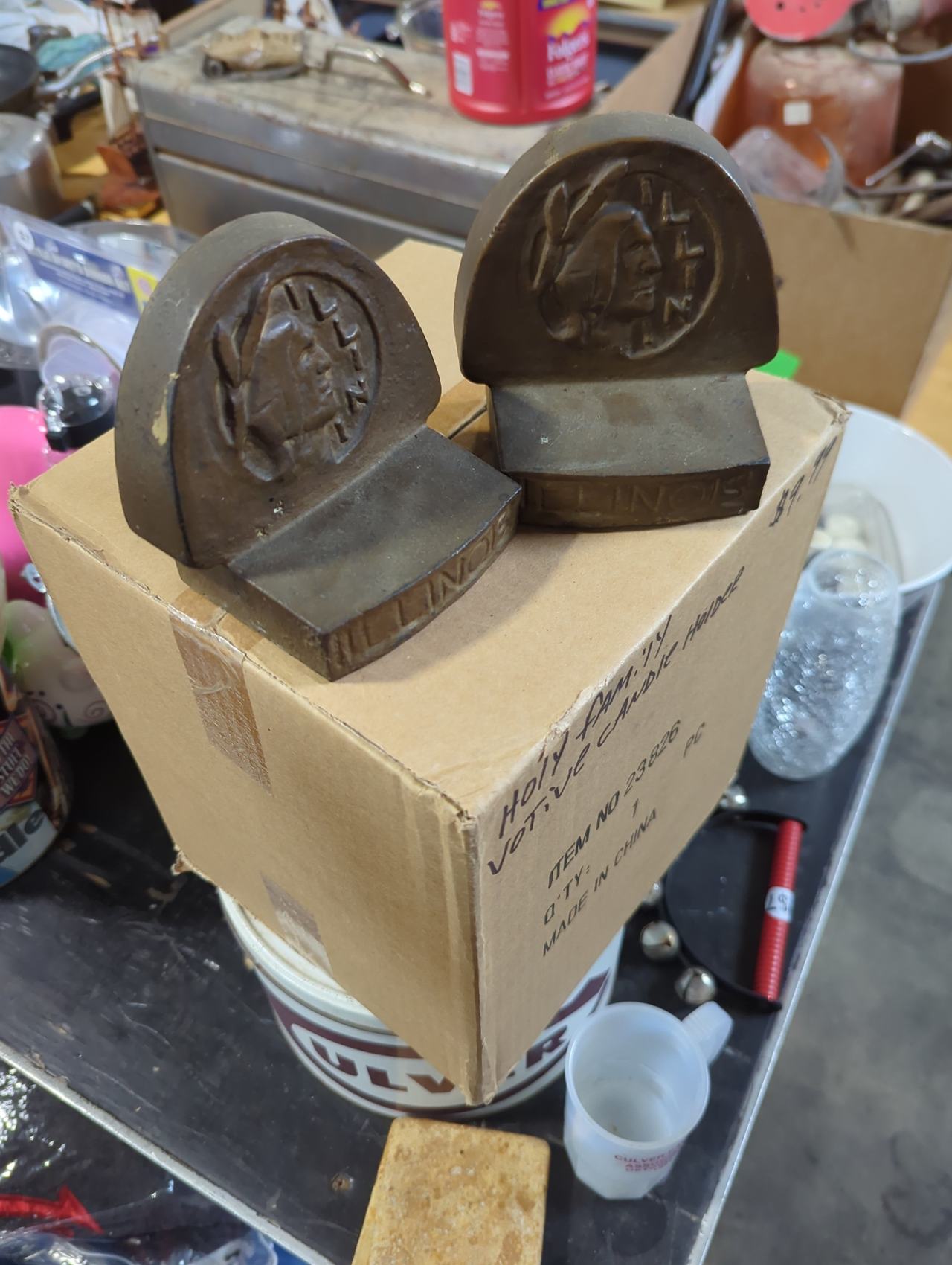 Vintage University of Illinois Chief Illiniwek Cast Iron Bookends