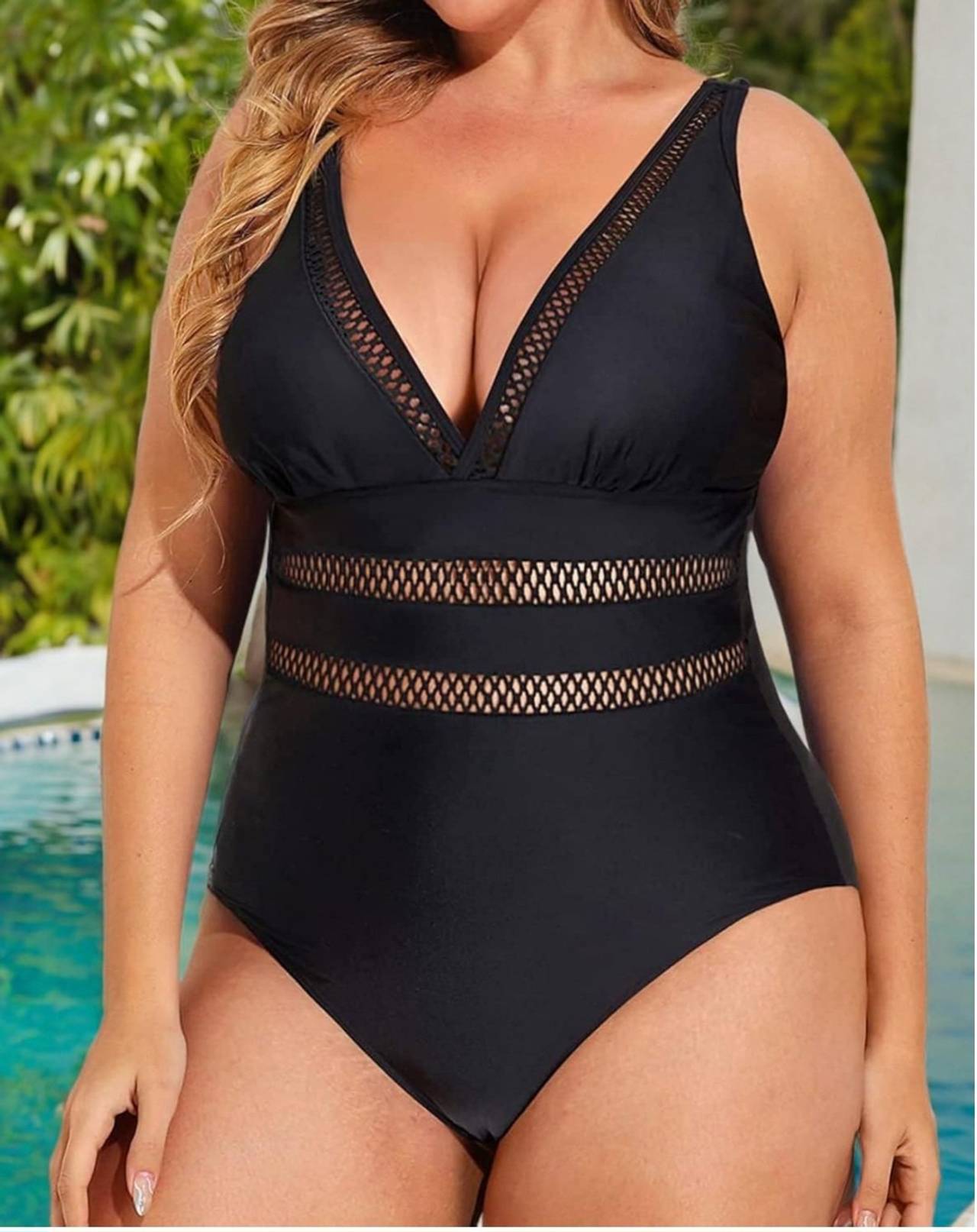 Plus Size Mesh Insert V-Neck One Piece Swimsuit
