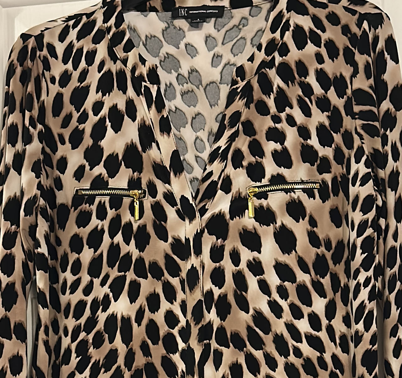 INC International Concepts Leopard Print Zip Pocket Blouse