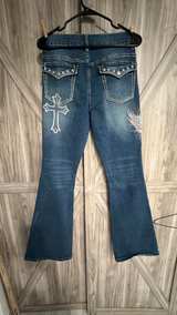 Hot Topic Skull and Cross Flare Jeans Size 11 Goth wide leg - Image 6