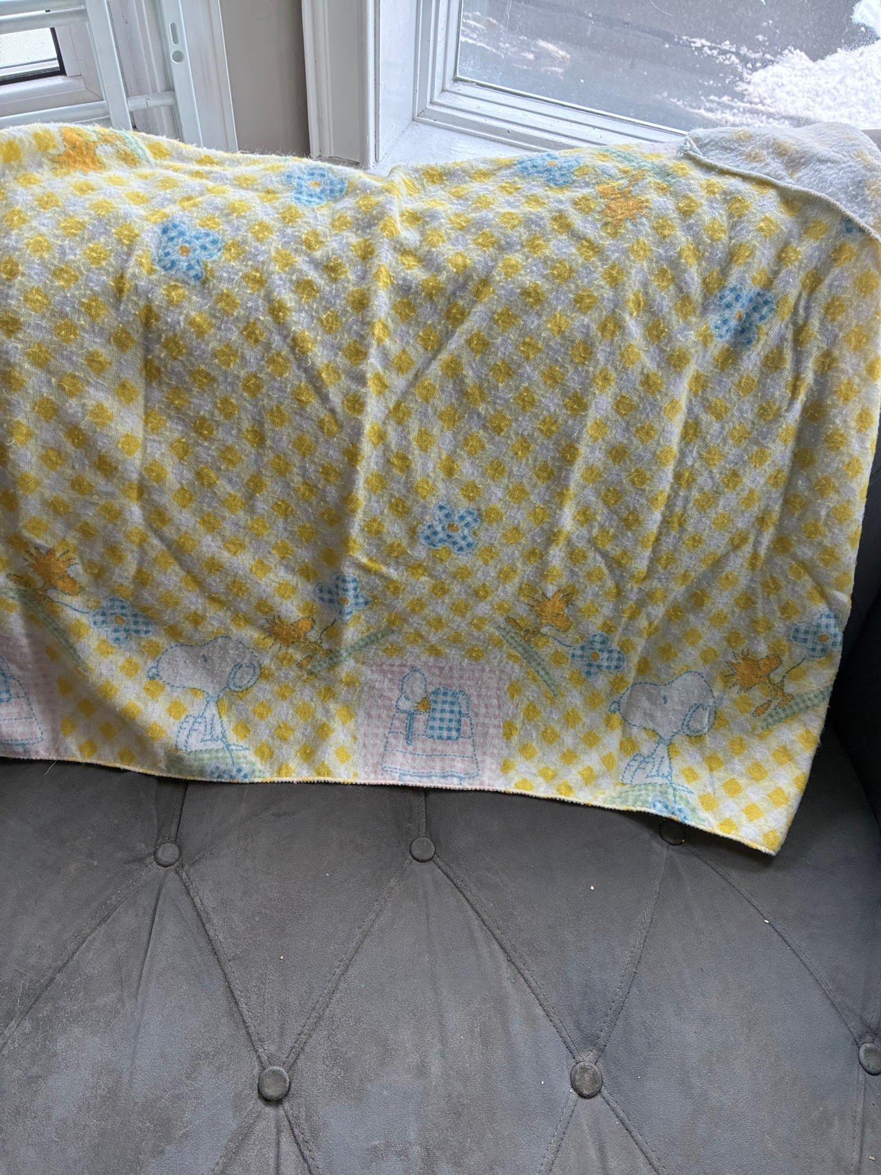 Vintage Peanuts Snoopy Gingham Terry Cloth Baby Blanket