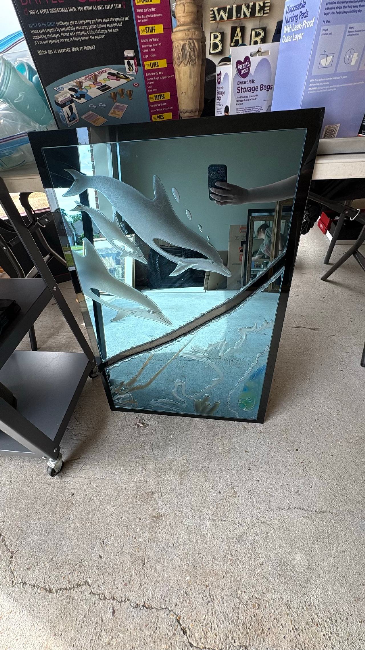 Vintage Etched Dolphin Glass Mirror by Steven Lee