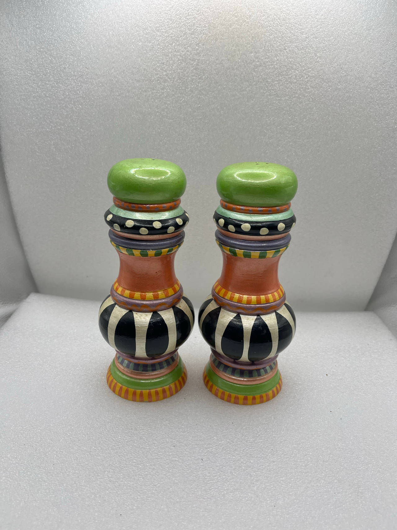 MacKenzie-Childs Hand Painted Wooden Salt and Pepper Shakers