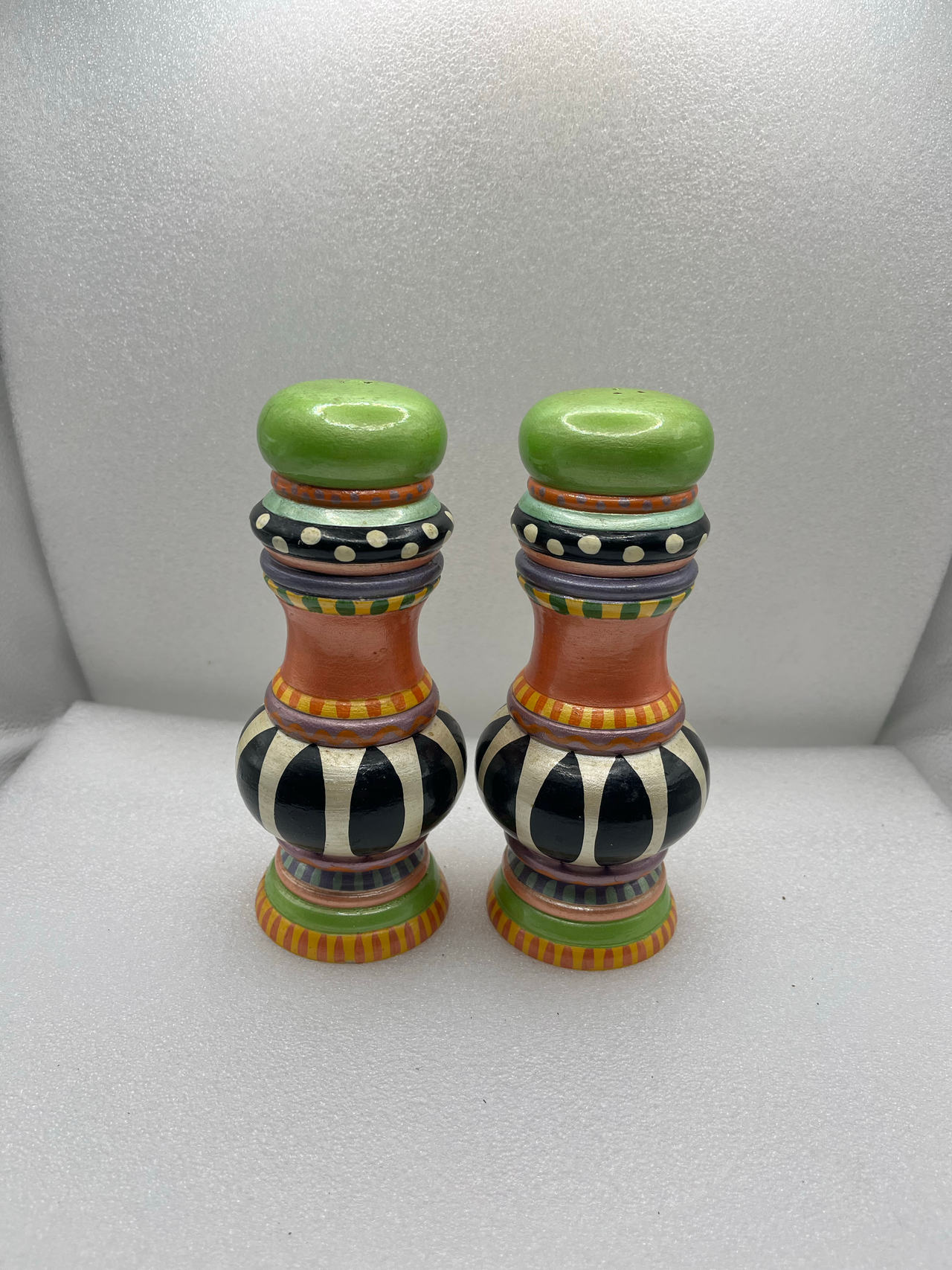 MacKenzie-Childs Hand Painted Wooden Salt and Pepper Shakers