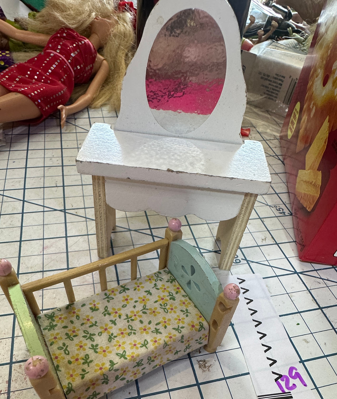 Vintage Wooden Dollhouse Bed and Vanity Set