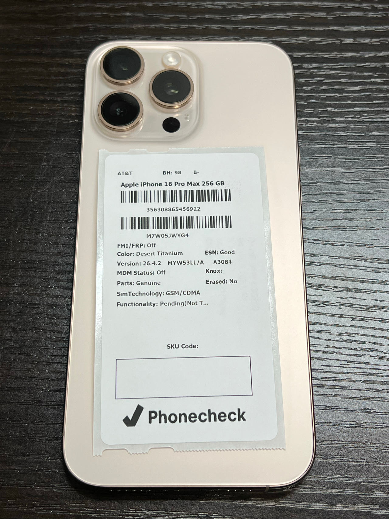 Apple iPhone 16 Pro Max 256GB Desert Titanium AT&T 98% battery health