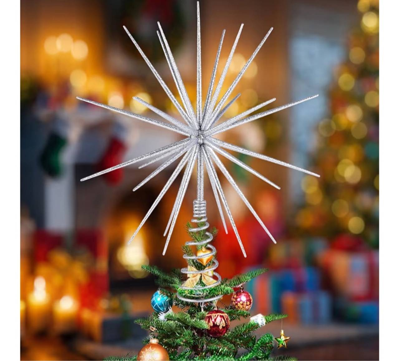 13.8 Inch Silver Christmas Burst Tree Topper Glittered 3D Burst Plastic Tree Top