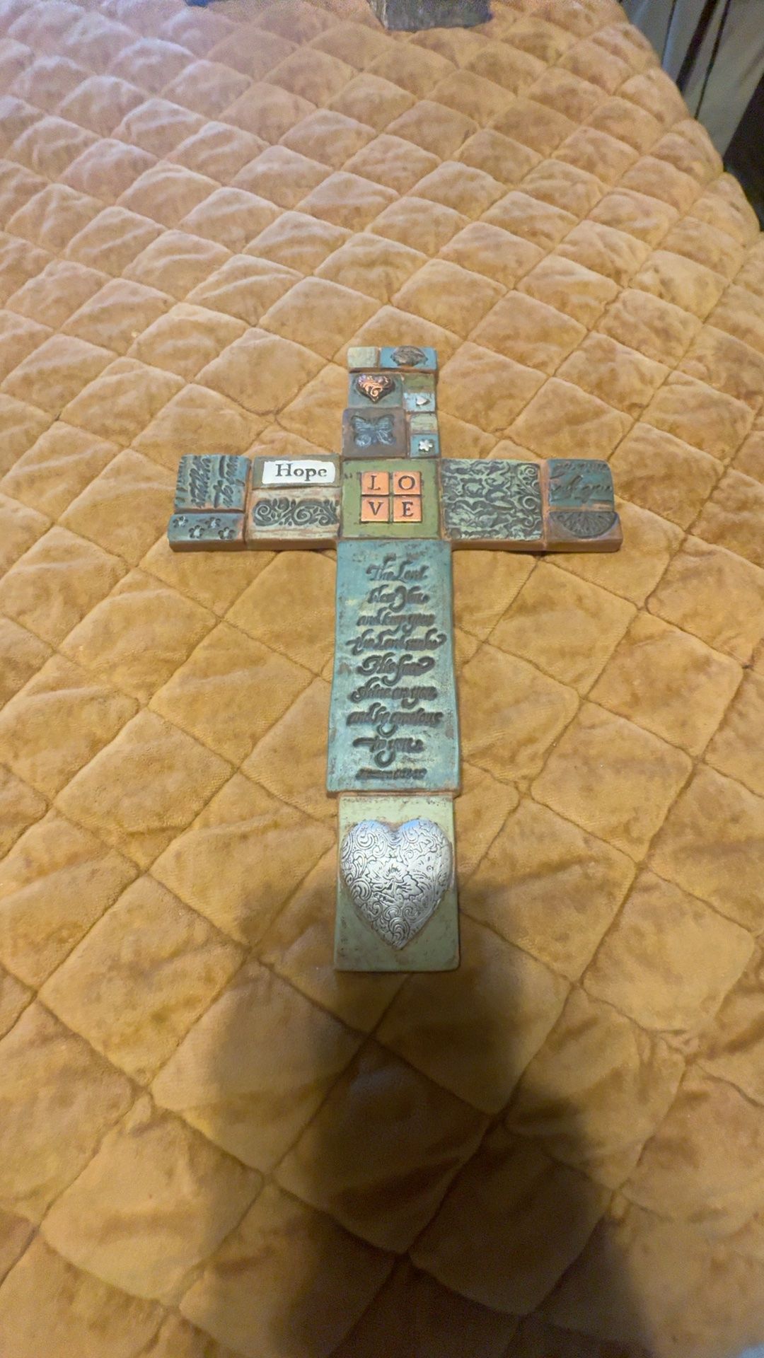 Rustic Western Turquoise Stone Wall Cross with Bible Verses