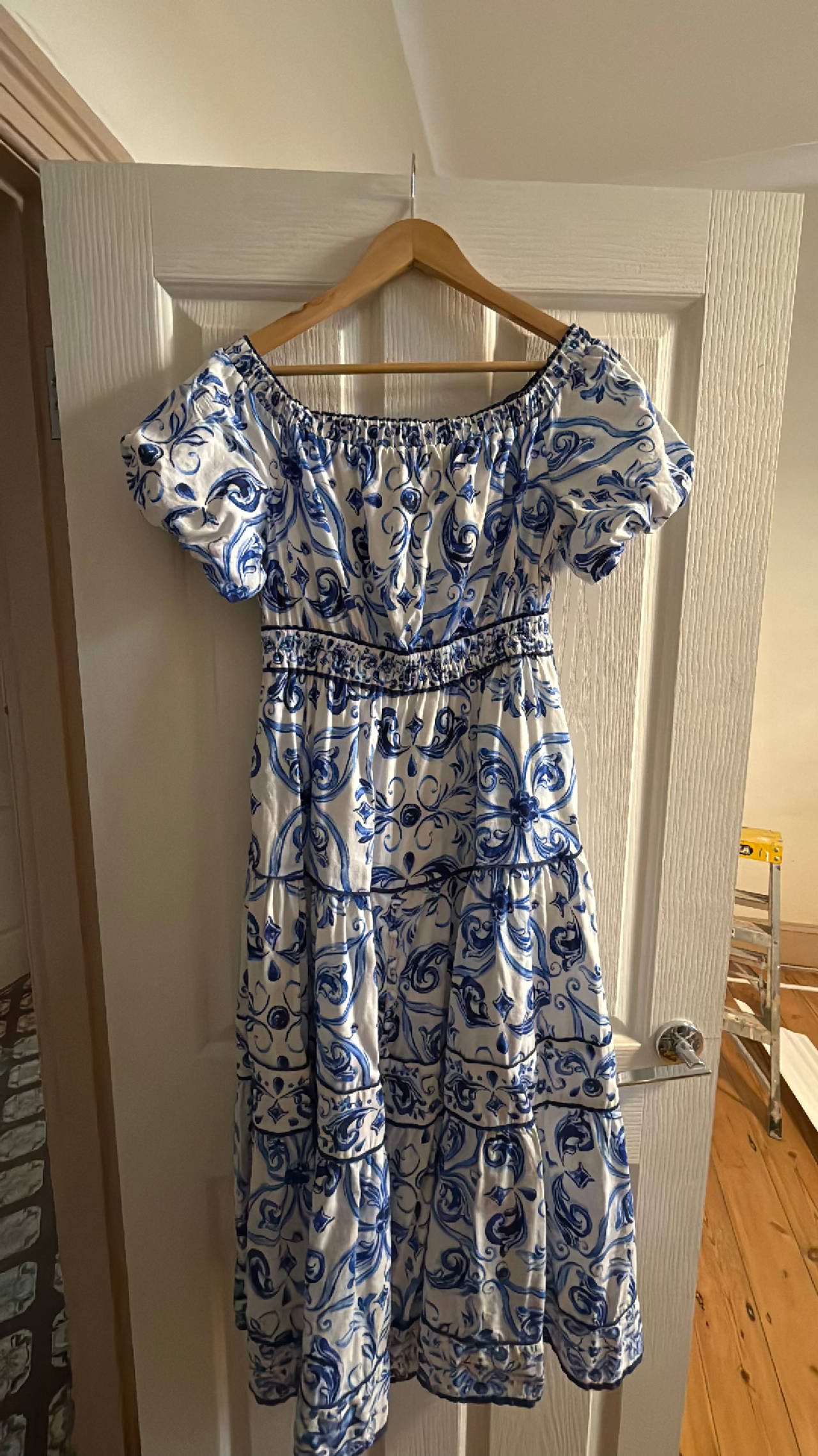 Blue and White Off-Shoulder Maxi Dress forever new 