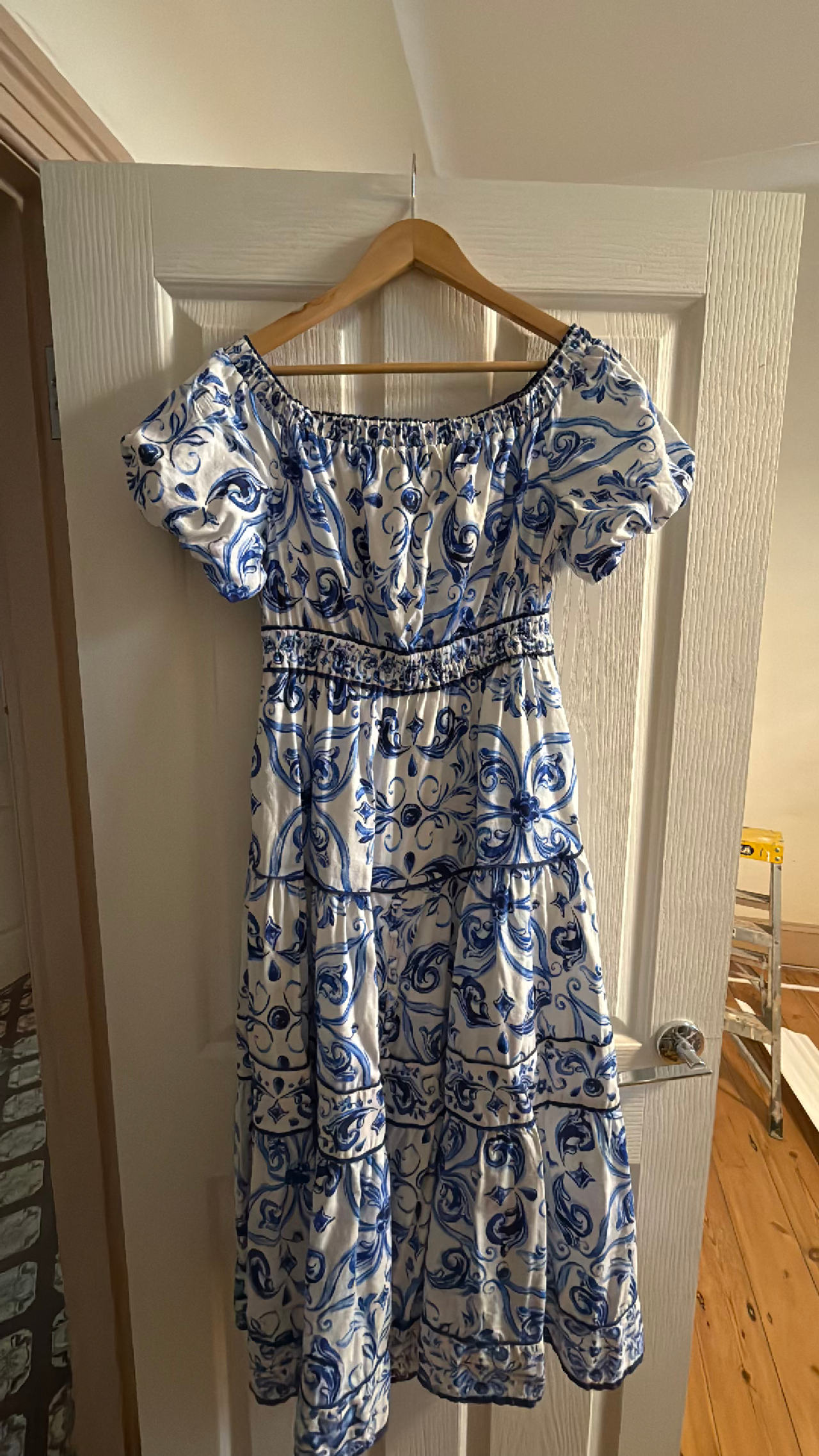 Blue and White Off-Shoulder Maxi Dress forever new 