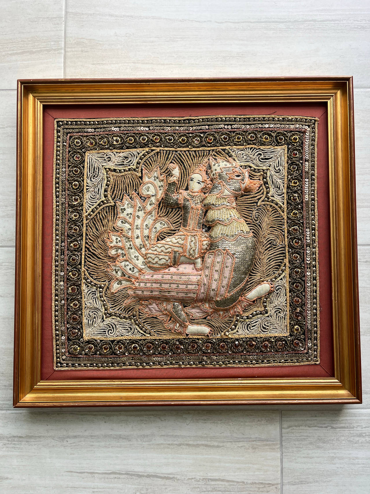 Vintage 1960s Framed Burmese Myanmar Kalaga Embroidery