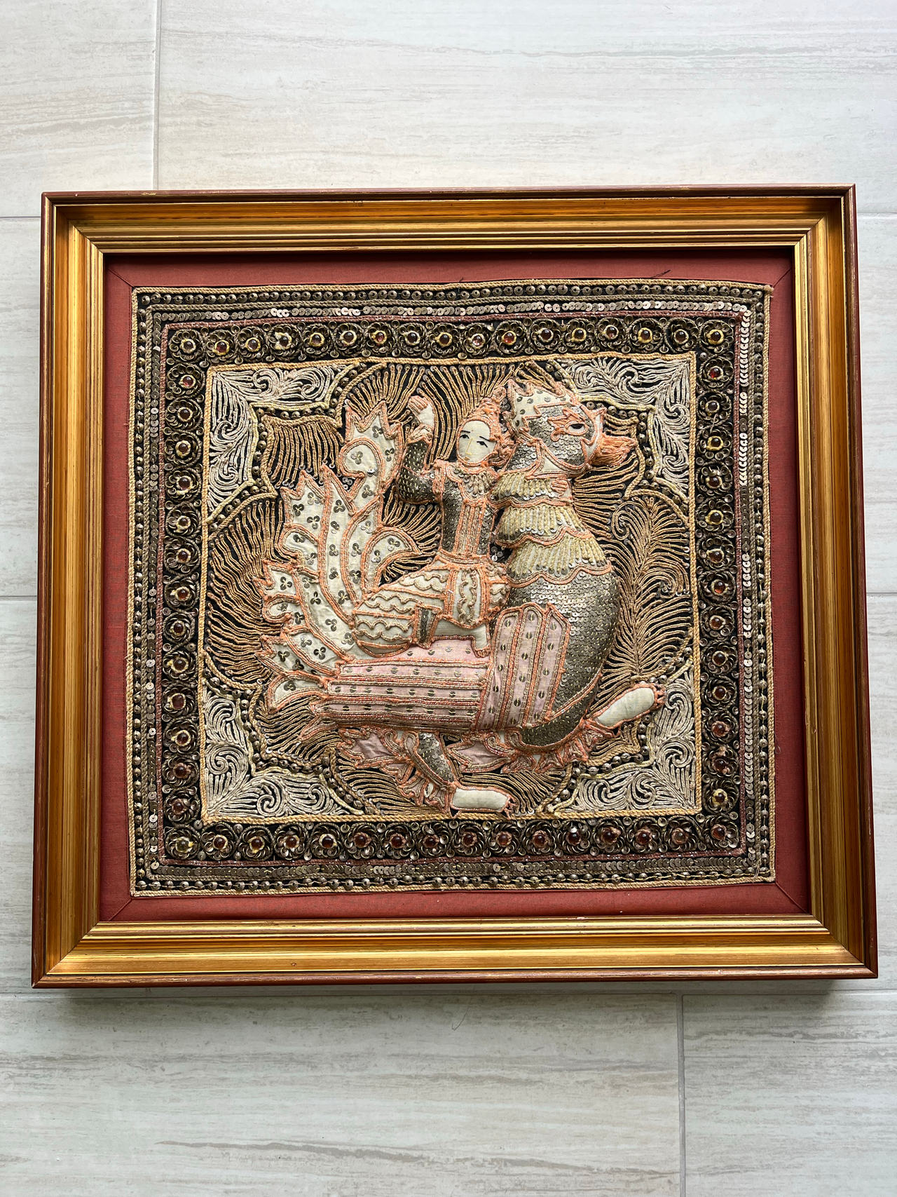 Vintage 1960s Framed Burmese Myanmar Kalaga Embroidery