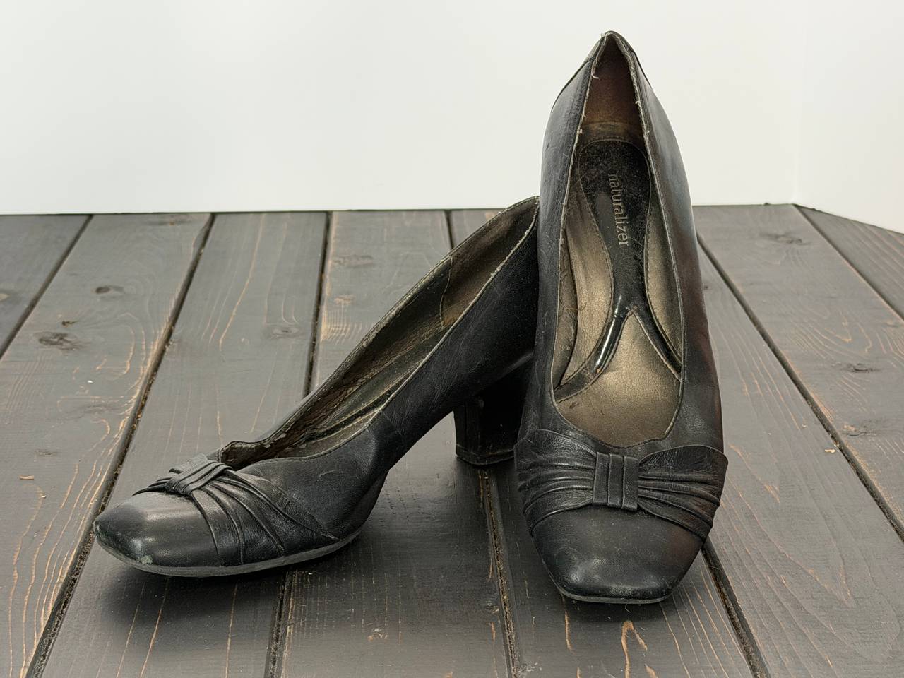 Naturalizer Black Leather Square Toe Pumps