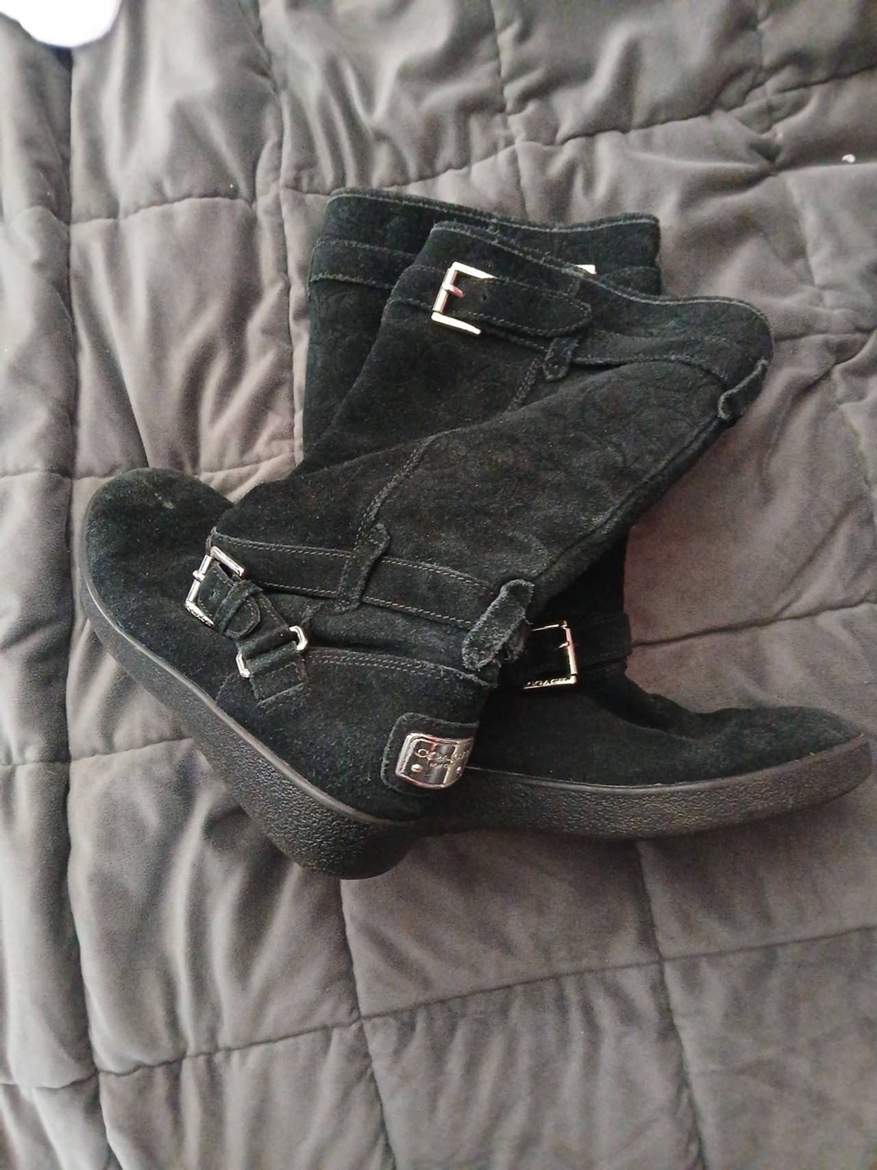 Coach Black Suede Buckle Moto Boots