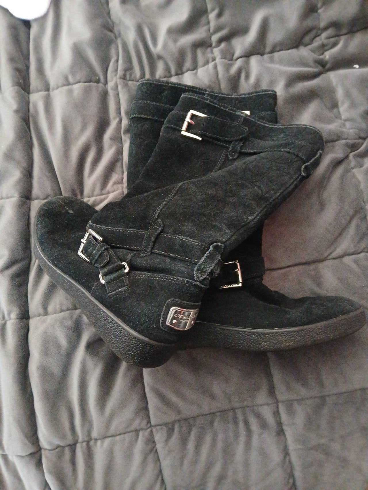 Coach Black Suede Buckle Moto Boots