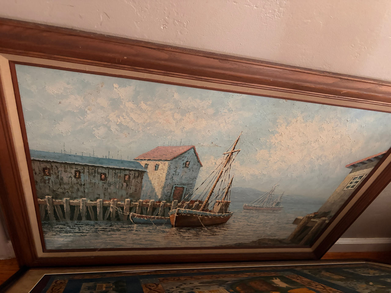 Vintage Mid-Century Harbor Scene Oil Painting