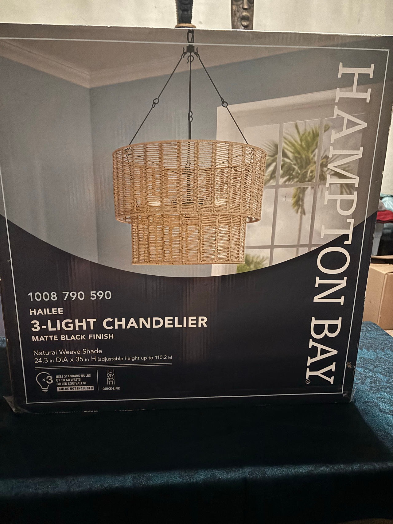 Hampton Bay Hailee 3-Light Matte Black Chandelier with Natural Weave Shade