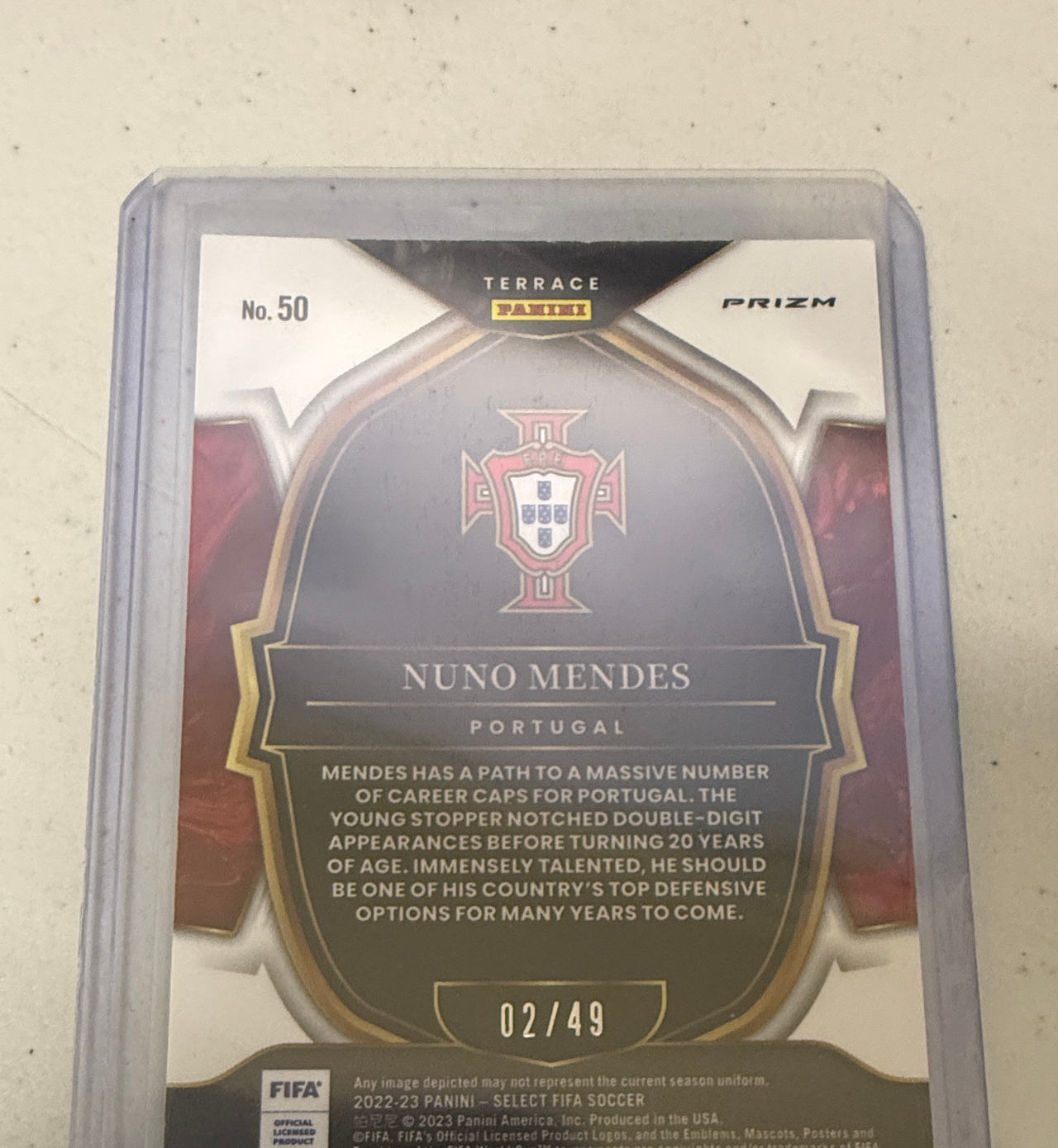 2022-23 Panini Select FIFA Soccer Nuno Mendes Terrace Prizm /49 #50