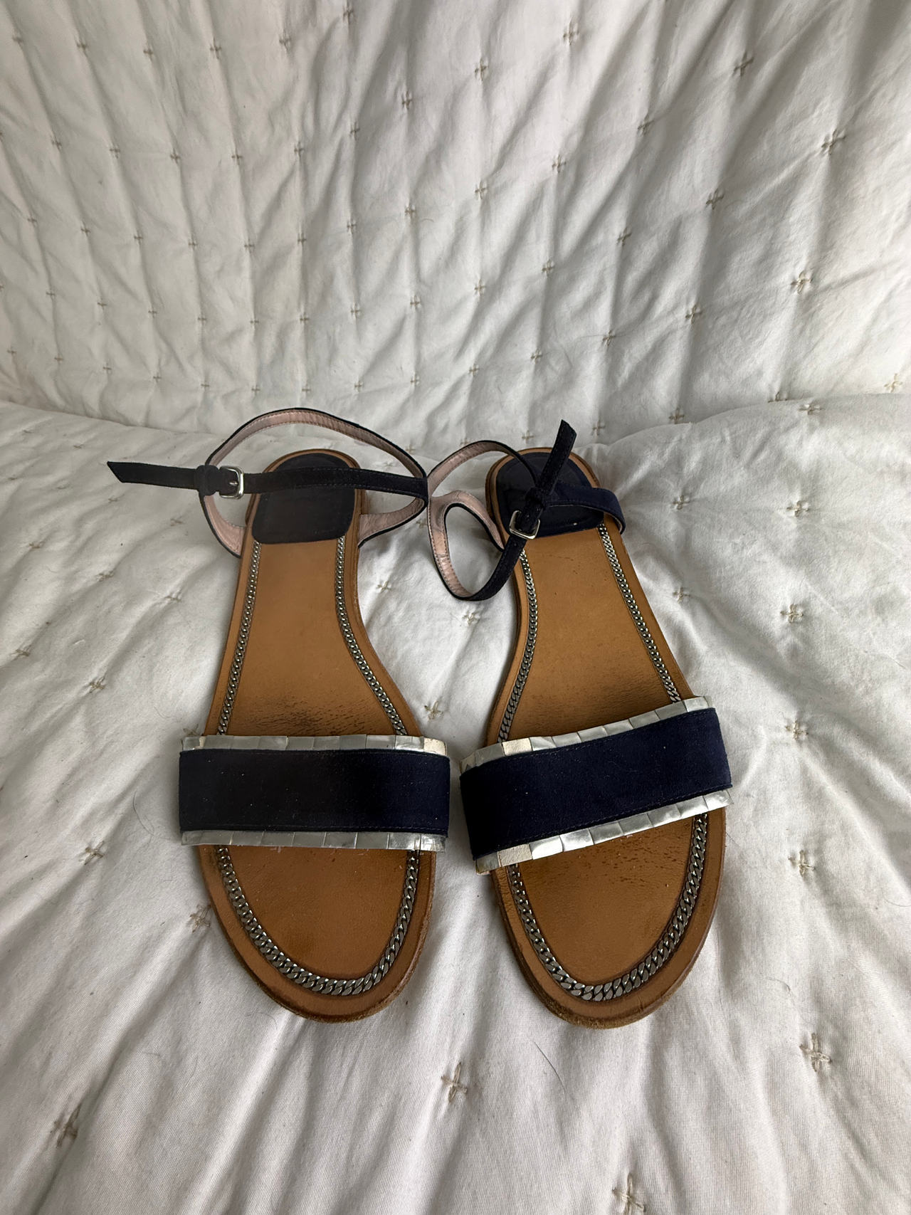 Stuart Weitzman Navy Suede Ankle Strap Sandals with Silver Trim