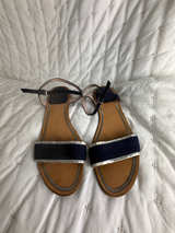 Stuart Weitzman Navy Suede Ankle Strap Sandals with Silver Trim - Image 1