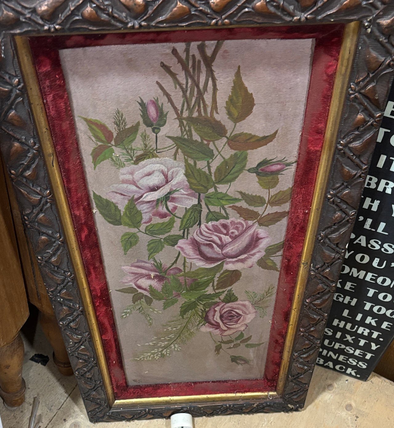 Vintage Pink Rose Oil Painting on Velvet