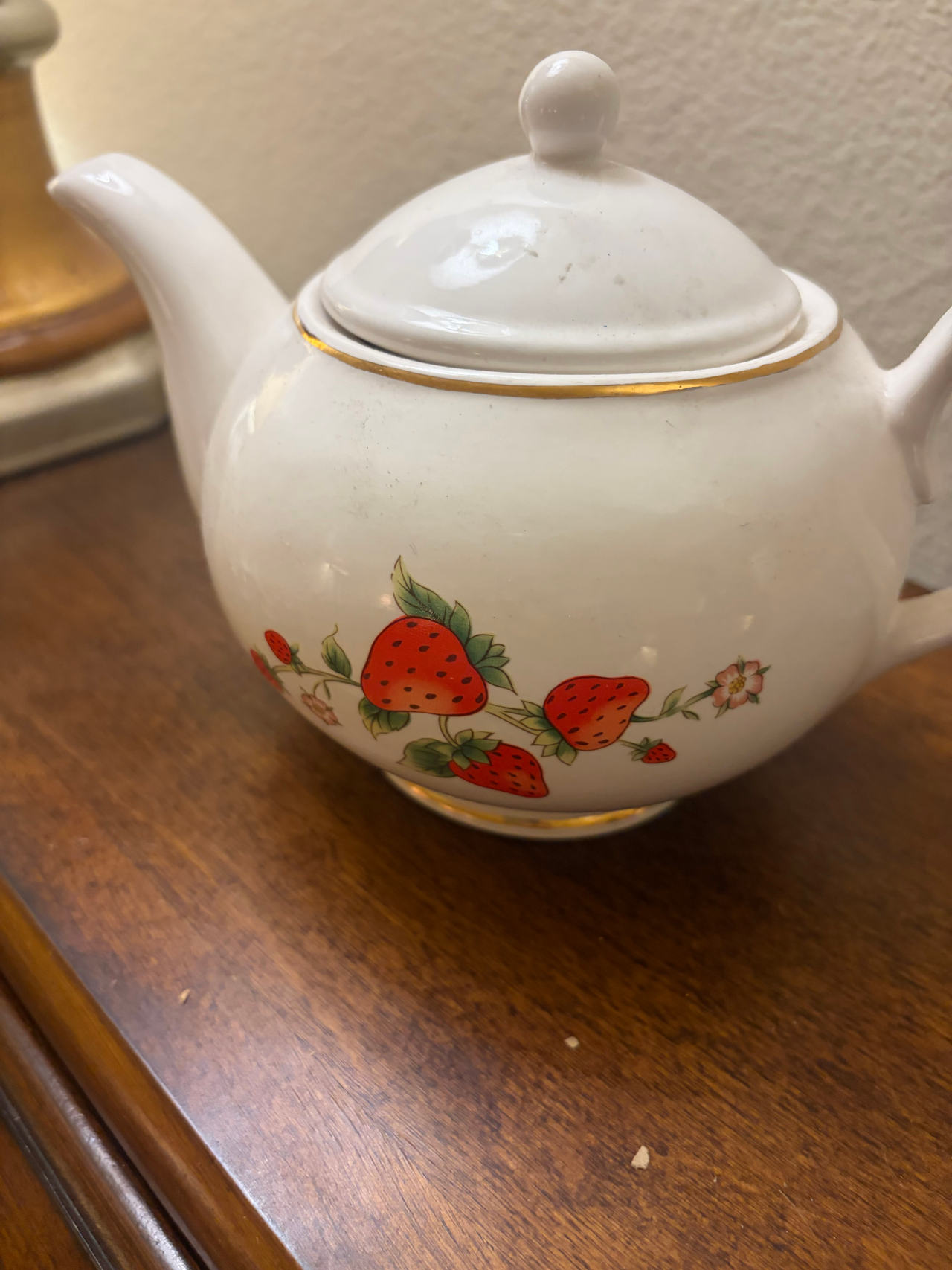 Vintage Strawberry Ceramic Teapot with Gold Trim