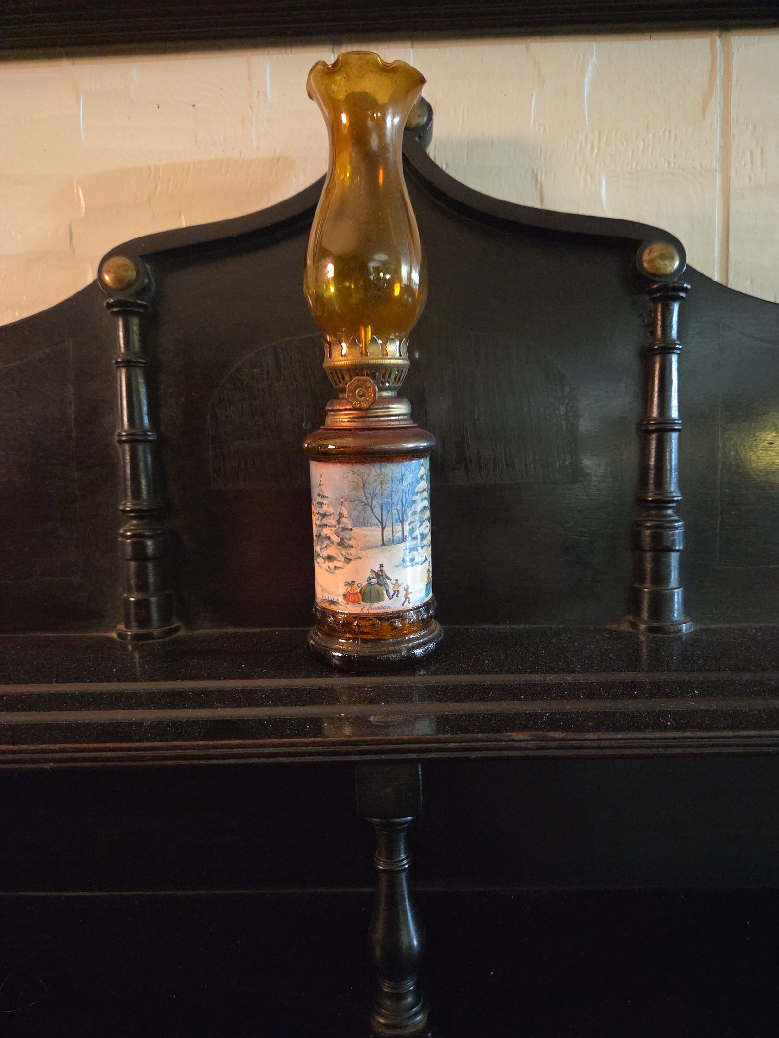 Currier and Ives Winter Scene Amber Glass Oil Lamp