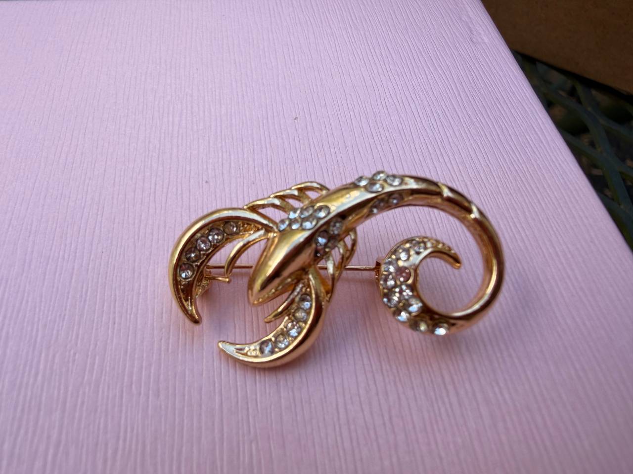 Gold Tone Rhinestone Scorpion Brooch Pin