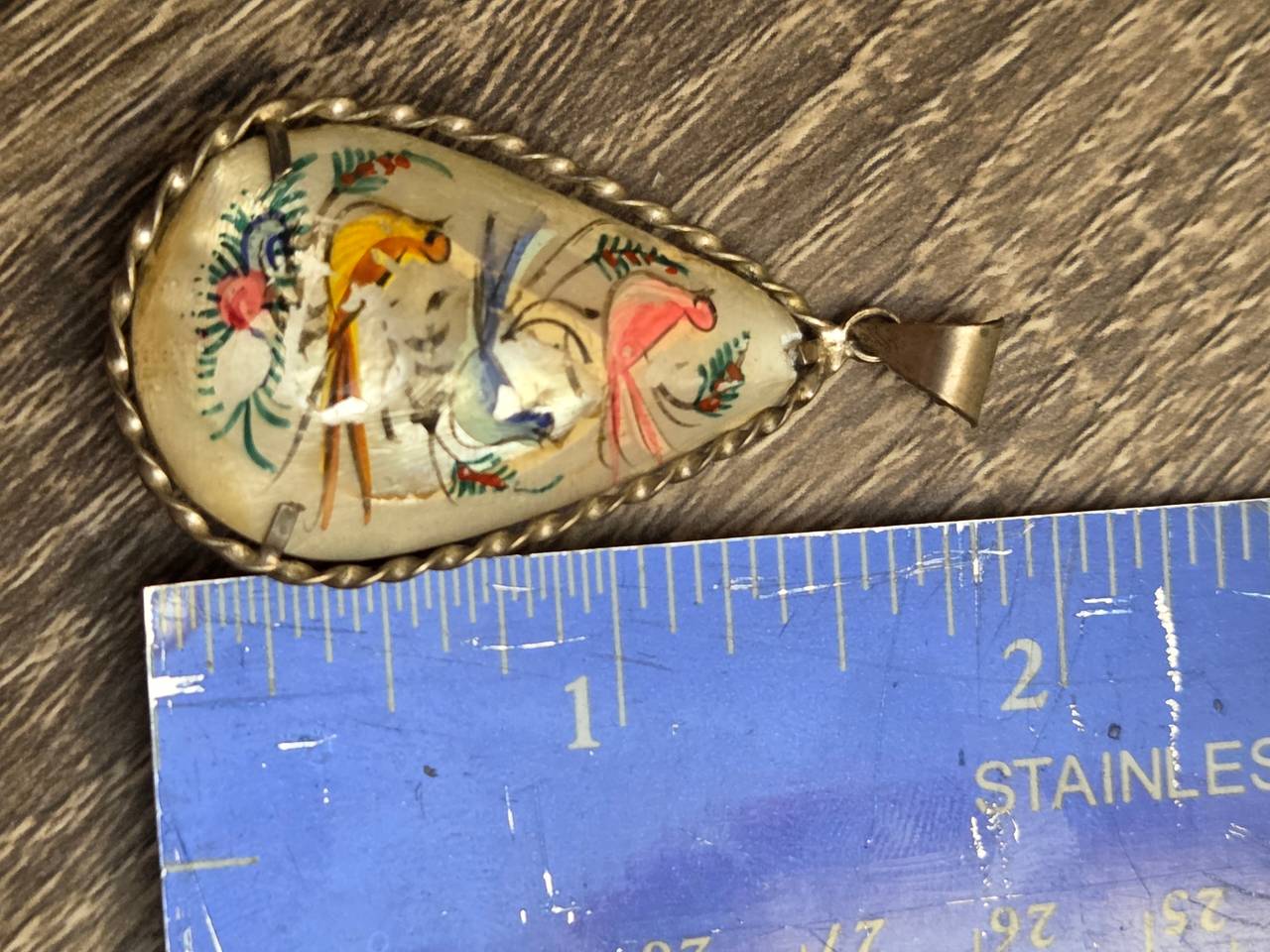 Vintage Hand Painted Bird Shell Pendant