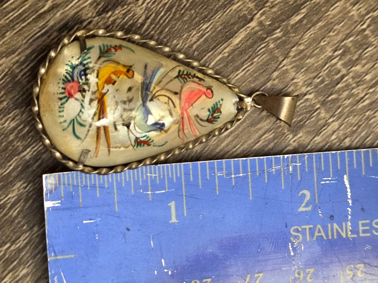 Vintage Hand Painted Bird Shell Pendant